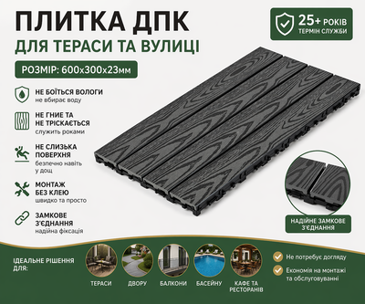 Плитка из ДПК, износостойкая, 600×300 мм, для кафе, террас, улиц, противоскользящая
