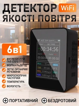 Датчик якості повітря, детектор PM2.5, CO₂, HCHO, TVOC, температури, вологості, з годинником, з підключенням до смартфону, для дому, офісу, шкіл, лікарень тощо