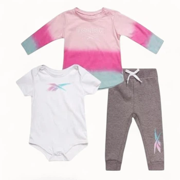 Костюм Reebok комплект боді + кофта + штани на флісі дитячий на дівчинку 68 см (3-6 міс) рожевий, білий, сірий