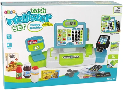Kasa sklepowa LeanToys Happy Cashier z efektami 23 elementów 511461 (1818912522430)
