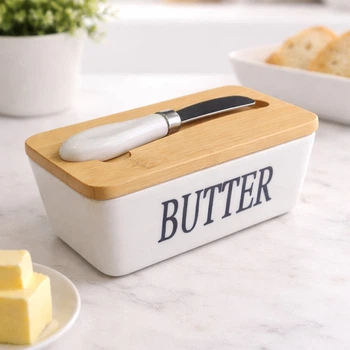 Масленка фарфоровая "Butter” с бамбуковой крышкой и ножом в комплекте, 15х8.5х7.5 см