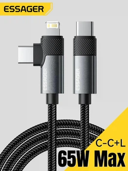 Кабель ESSAGER USB Type-C – Type-C + Lightning 2в1 1м 65W PD швидка зарядка, кутовий, нейлоновий, 480Mbps