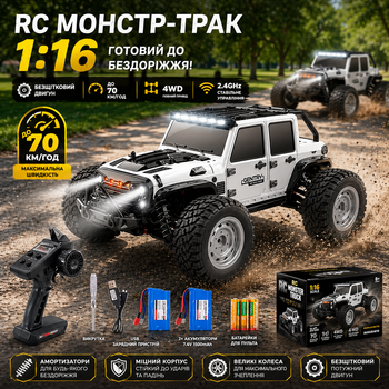 Радиоуправляемая машинка Gantry 16103 4x4 1:16: Внедорожник монстр-трак 70 км/ч, LED-подсветка, 2.4 ГГц, Белый