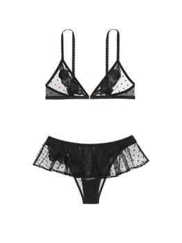 Комплект Victoria's Secret Sheer Rose Dot Triangle Bralette & Flutter Panty Set - M - Черный