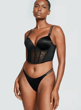 Комплект Victoria's Secret Bombshell Add-2-Cups Chain Strap Corset Top + Thong Panty - 32B - S - Черный