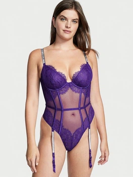 Боди с подвязками Victoria's Secret Shine Strap Lace Teddy with Garters - S - Фиолетовый