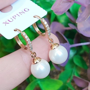Серьги Xuping длина 2.8см жемчуг 10мм медицинское золото позолота 18К с1514