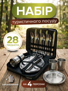 Набор туристической посуды туристическая посуда для пикника столовые приборы походный для кемпинга туризма путешествия отдыха на природе комплект ложки вилки ножи чайные тарелки стаканы нержавеющая сталь в чехле 28 предметов на 4 человека серебристый