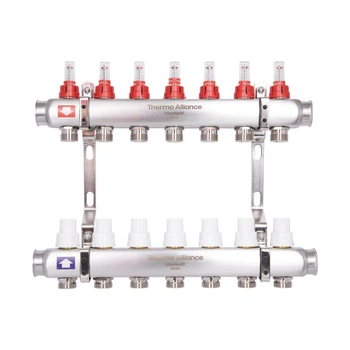 Коллектор с расходомерами Thermo Alliance 7 выходов для системы теплый пол нержавеющая сталь 1 дюйм (599580)