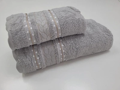 Набор 2 махровых полотенца для ванной VIP COTTON FILIZ-N, сірий 70*140см + 50*90см