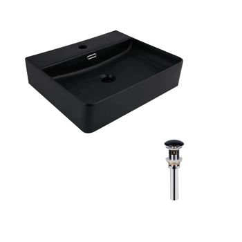 Комплект Qtap Nando LT: Раковина подвесная прямоугольная 500х420х130 мм Matt Black + Донный клапан PU03O