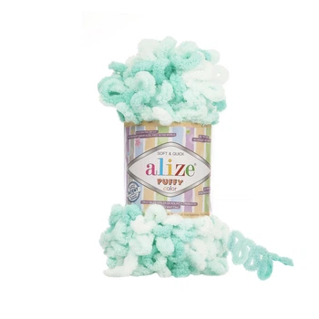 Пряжа для в'язання руками Alize Puffy Color фантазійна 100г біло-бірюзова №5891
