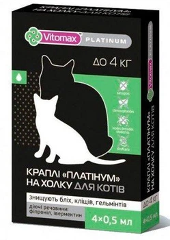 Капли на холку Vitomax Platinum для котов весом до 4 кг 4х0,5мл