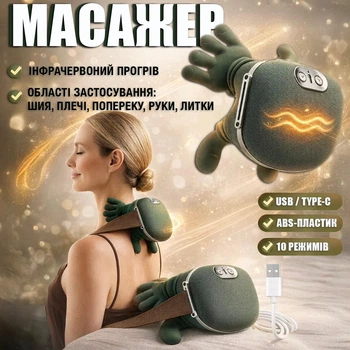 Массажер аккумуляторный для мышц шеи плеч и тела с нагреванием massager бионический с имитацией рук зеленый