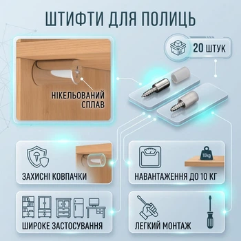 Универсальные штифты для полок ShelfPegs, 20 штук, серебристые