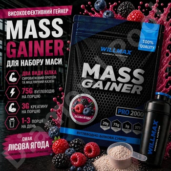 Гейнер для набору маси Willmax Mass Gainer 2 кг зі смаком лісова ягода | Високовуглеводний гейнер з протеїном і креатином