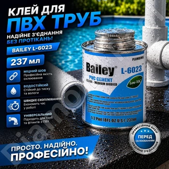 Клей для ПВХ труб Bailey L-6023 237 мл прозрачный, клей для PVC труб и фитингов, для водопровода и бассейнов
