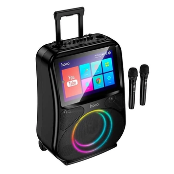 Портативна Bluetooth колонка Hoco DS71 акустика-караоке з 2 бездротовими мікрофонами, дисплеєм 800p та RGB підсвіткою |Bluetooth 5.0, USB/AUX/TF, 60W, 7200 mAh, 3h, EQ| Чорний