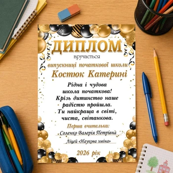 Диплом "Выпускник начальной школы", золотые шарики, формат А4, именной для девочки