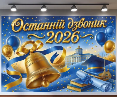 Праздничный баннер «Последний звонок 2026» с шарами, книгами и школой 180x120см, №41443