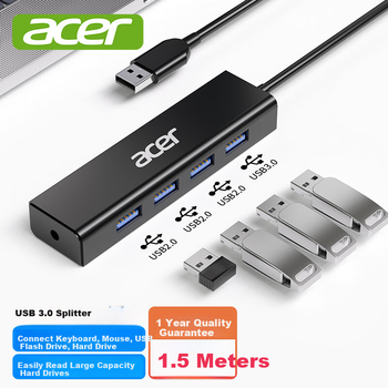 USB-концентратор Acer USB 3.0, высокоскоростной док-станция расширения с 4 портами, совместимая с настольными компьютерами и ноутбуками, многопортовый преобразователь, удлинительный кабель длиной 1,5 метра.