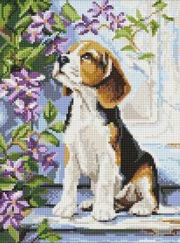 Алмазная мозаика Бигль у цветов ©art_selena_ua 30x40 AMO20375 Идейка