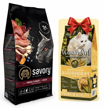 Сухий корм з індичкою та качкою Savory Сейворі для стерилізованих котів 2 кг + наповнювач в подарунок (4820232631591)