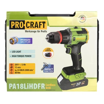Акумуляторний ударний шуруповерт Procraft PA18LiH DFR з безщітковим двигуном, 20 В, 80 Нм, 1×2 Аг АКБ, зарядний пристрій, кейс