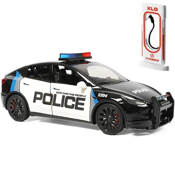 Дитяча іграшкова машина Tesla Model Y Police 1:24 металева інерційна зі світловими ефектами сиреною та зарядною станцією
