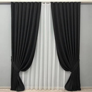Комплект штор VR-Textil Мікровелюр Petek 100х270 2шт і Тюль 300х270 2017ш-1153т Чорний з білим 71-154/1