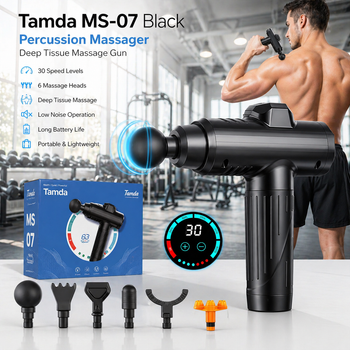 Перкуссионный массажер Tamda MS-07 Black: Профессиональный массажный пистолет для всего тела, 30 режимов, 8 насадок