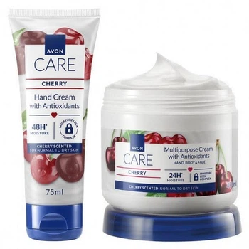 Набір 2-в-1 для тіла Avon Care Cherry з ароматом вишні та антиоксидантами: Мультифункціональний зволожуючий крем 3-в-1 для обличчя, рук та тіла 400 мл + Зволожувальний крем для рук Avon Care Cherry Hand Cream 75 мл