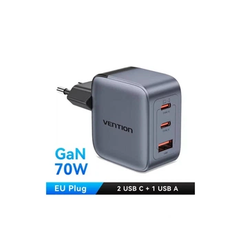 Зарядное устройство Vention 1xUSB-C PD70W + 1xUSB QC3.0 22.5W GaN + cable USB-C to USB-C 1.0m 5A gray (TZ-FCGH0-EU) (345337)