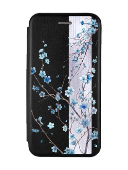 Чехол-книжка черный с рисунком на Xiaomi Redmi 15 Цветущая сакура (принт 422)