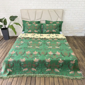 Муслиновый плед покрывало Cappone Птички 4 слоя 150×200 см , зеленый