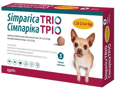 Протипаразитарна жувальна таблетка ''Сімпаріка Тріо'' від бліх і кліщів для собак вагою 1,3-2,5 кг (3 табл)