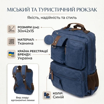 Текстильный рюкзак унисекс для путешествий и ноутбука из плотной ткани с множеством карманов синий 59311