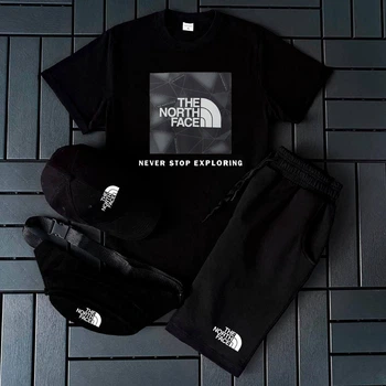 Костюм чоловічий 4 в 1 шорти футболка кепка і бананка TNF чорний XXL