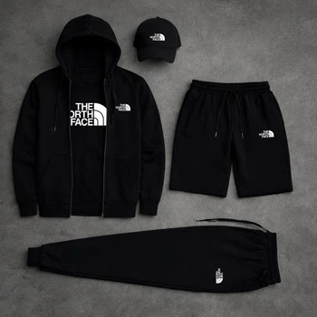 Костюм чоловічий 5 в 1 шорти футболка кепка зіп худі штани TNF чорний S