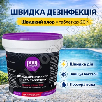 Быстрый шок хлор для бассейна PoolMan Т60 1 кг Хлор в маленький таблетках 20 г