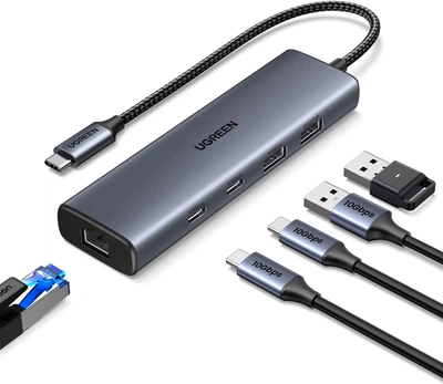 USB-хаб Ugreen CM512 USB-C to 2xUSB-C 3.1 + USB 3.2 + USB 2.0 + RJ-45 Gray (45320)