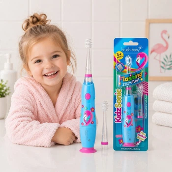 Электрическая звуковая зубная щетка Brush-Baby KidzSonic от 3 лет, фламинго 2 насадки