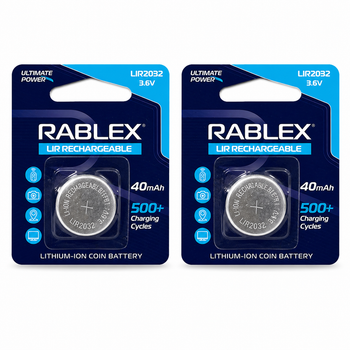 Аккумуляторы Rablex LIR2032 3.6V, Li-ion, перезаряжаемые, 40 mAh, комплект 2 шт
