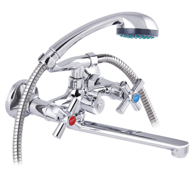Смеситель для ванной Zerix двухвентельный настенный с длинным гусаком хром с лейкой и шлангом в ванную (2939)