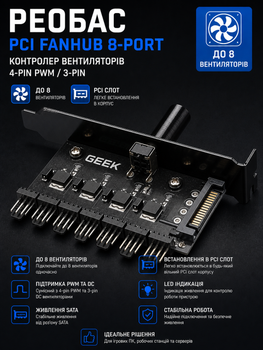 Реобас PCI FanHub на 8 вентиляторов (4-pin PWM/3-pin), SATA питания, внутренний контроллер кулеров ПК