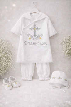 Крестильный комплект для мальчика Family Tradition сатин с вышивкой и кружевом 62 см белый Нежность