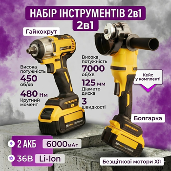 Набір акумуляторного інструменту 2в1 болгарка 125 мм і гайковерт 36V з двома акумуляторами в кейсі жовтий