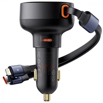 АЗП Baseus Enjoyment Pro Автомобильное зарядное устройство Type-C + выдвижной кабель C и iP 60W черное