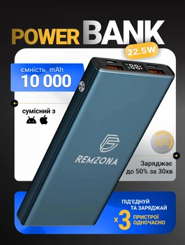 Повербанк 10000 mah 22.5W Remzona зі швидкою зарядкою PD 22.5 W Quick Charge 3.0 Fast Charge УМБ для телефона айфона роутера планшета великий хороший портативний Extrinity Metal 10X LED дисплей портативний