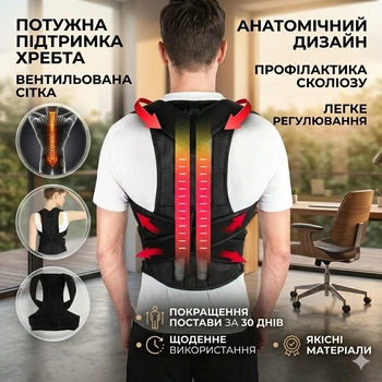Ортопедичний корсет-коректор постави Back Pain Need Help чорний, підтримуючий бандаж для спини, коректор сутулості та фіксатор хребта